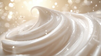 A luxurious 3D visualization of shampoo cream with silky textures, swirling into elegant shapes surrounded by floating particles and soft light
