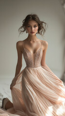 Fototapeta premium Glamorous teen prom dress with sparkling sequin bodice and flowing chiffon skirt