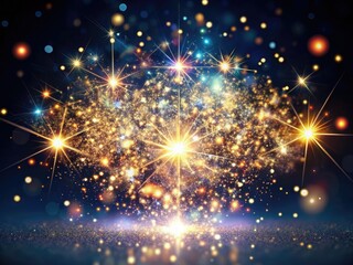 Fototapeta premium Iridescent transparent sparks scatter across a dark background, radiating a mesmerizing glow of shimmering lights, evoking a sense of magic and wonder.