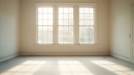 Fototapeta premium Dusty interior of an abandoned house with sunlight streaming through cracked windows, illuminating forgotten furniture abandoned interior, forgotten home