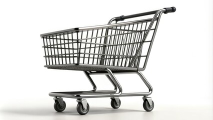 Isolated on white, a modern black shopping cart with wheels is depicted in a minimalist design, perfect for e-commerce, retail, or online store illustrations.