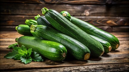 Freshly harvested green zucchini on a rustic wooden table showcasing natural organic produce