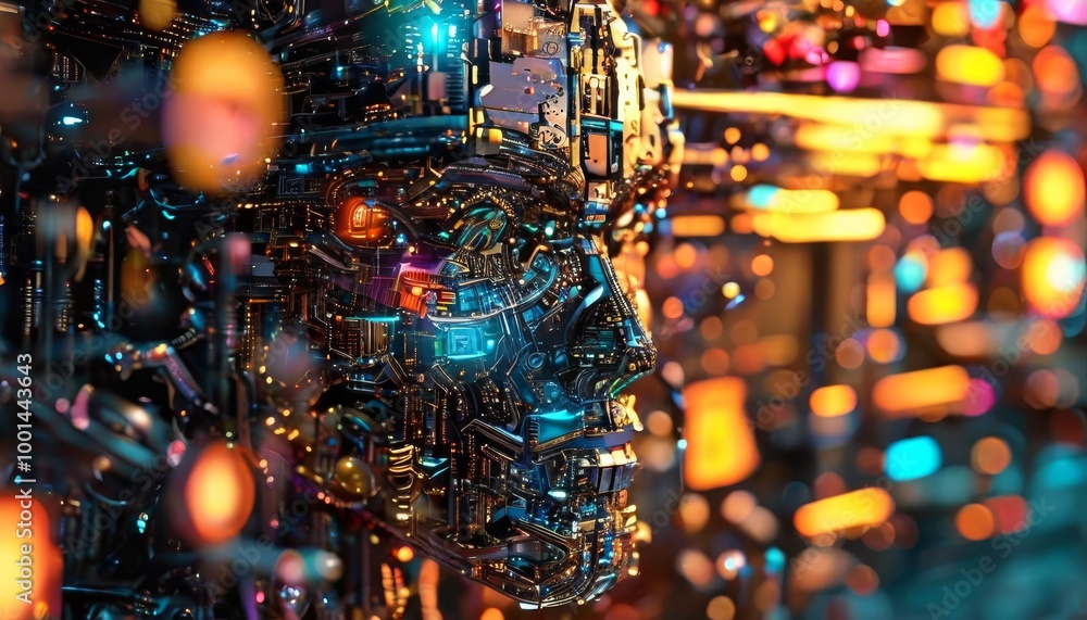 Poster a highly detailed cybernetic face intricately composed of glowing circuits, portraying advanced ai t