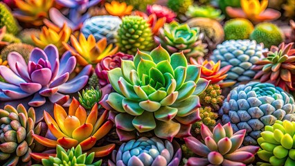 Fototapeta premium Close Up of Miniature Succulent Plants in Various Shapes and Colors on a Natural Background