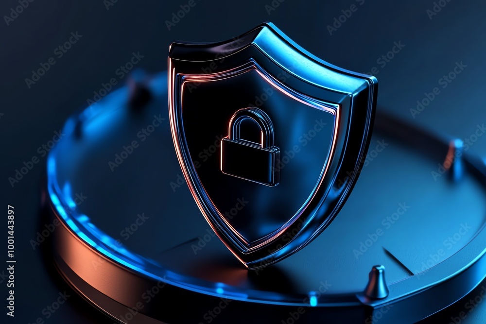 Poster data protection lock represented by a minimalist shield icon encased in a clean, geometric design