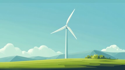 Obraz premium Simple flat art style wind turbine on a green field, symbolizing sustainable energy and a clean future.