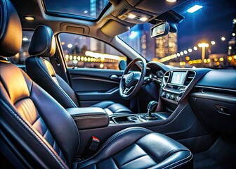 Low-angle view of sleek, black leather car seats, gleaming dashboard, and modern infotainment system against a dimly lit, blurred background.