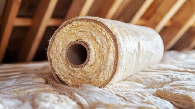 A roll of mineral wool being installed in a wall cavity for insulation purposes.