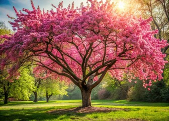 Fototapeta premium Lush foliage surrounds vibrant pink blossoms of majestic tree, showcasing stunning, rounded, and full breasted flowers in warm, natural light and soft focus.