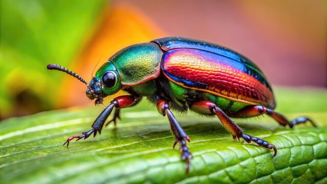 Close-Up of Prionus Coriarius Beetle Crawling on Leaf in Natural Habitat with Soft Focus Background