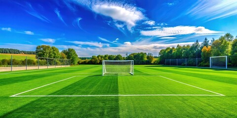Green soccer field board with white markings and goalposts under a clear blue sky on sunny day