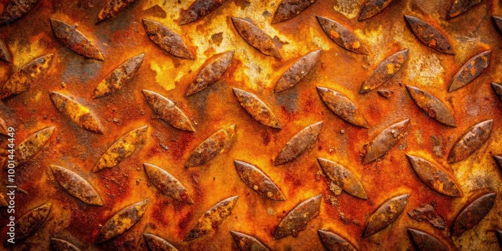 Poster close-up of rusty metal surface showcasing intricate textures and patterns in warm orange and brown 