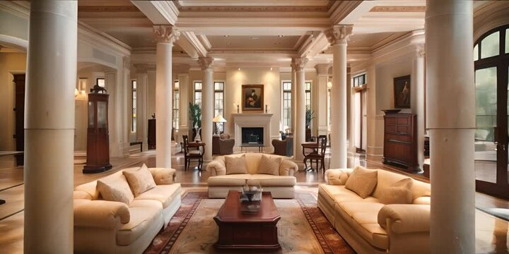 Luxurious Living Room with White Columns, Cream Couches, and Intricate Decor