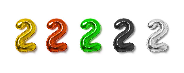 colorful balloon foils isolated on white background, set of number 2 balloon foils, the shape of the number two balloon.