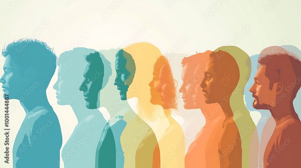 Poster A line of diverse people in silhouette, each in a different color, representing unity and diversity.