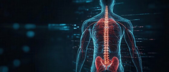 The medical diagram of the human body featuring the cardiovascular, nervous, skeletal, and lumbar systems in detailed layers Bright lighting, sharp detail, professional illustration