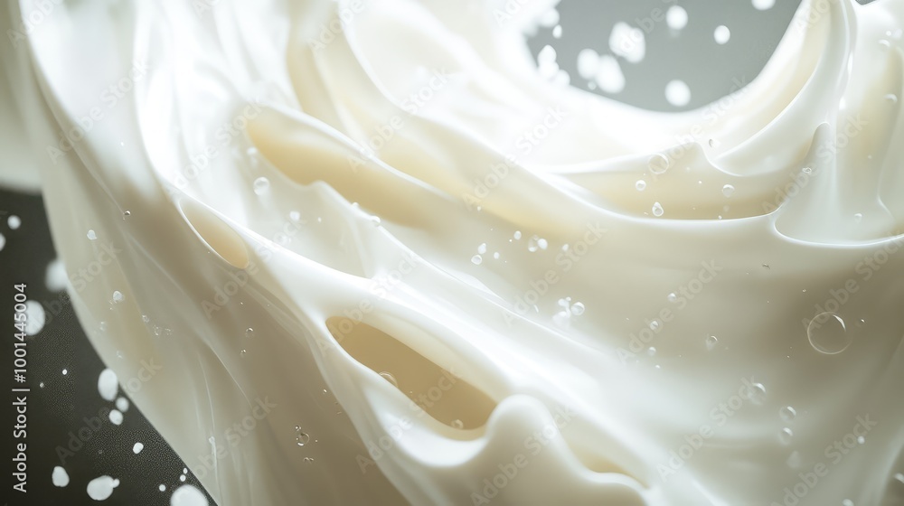 Poster a rich 3d visualization of creamy shampoo, spreading in fluid patterns against a dark background wit