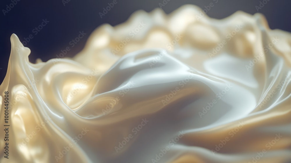 Poster a rich 3d visualization of creamy shampoo, spreading in fluid patterns against a dark background wit