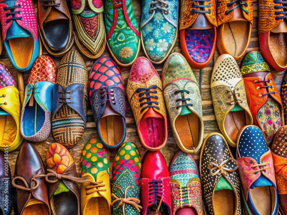 Poster close-up of various shoes textures showcasing material patterns and design details for fashion use