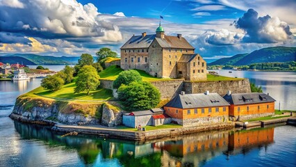 Fototapeta premium Historic Bergenhus Fortress in Norway Surrounded by Scenic Landscapes and Calm Waters in Summer