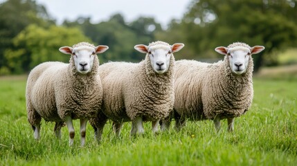Fototapeta premium Sheep grazing in a field, with a focus on the woolly texture of their coats.