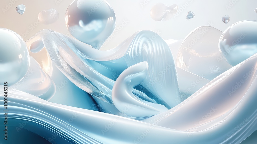 Poster a sleek 3d composition of shampoo cream swirls, surrounded by floating liquid-like shapes and subtle