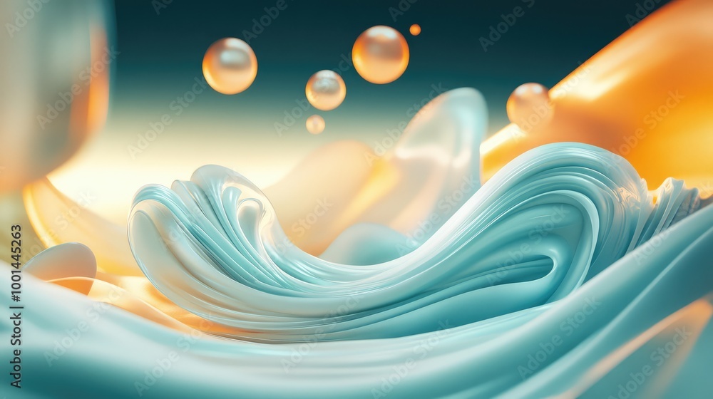 Poster a sleek 3d composition of shampoo cream swirls, surrounded by floating liquid-like shapes and subtle