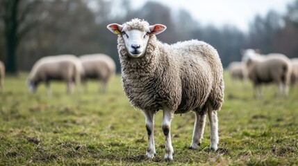 Fototapeta premium Sheep grazing in a field, with a focus on the woolly texture of their coats.