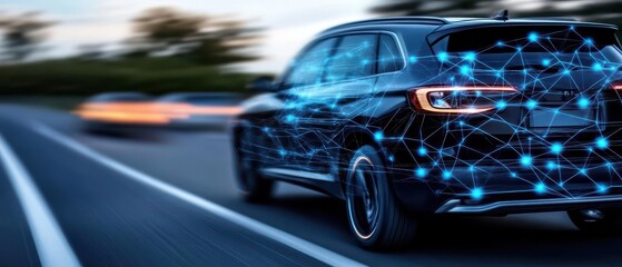 Overhead view of a hightech car driving along a neonblue city highway, with glowing AIgenerated digital structures Sleek, futuristic design, vibrant lighting, and dynamic movement