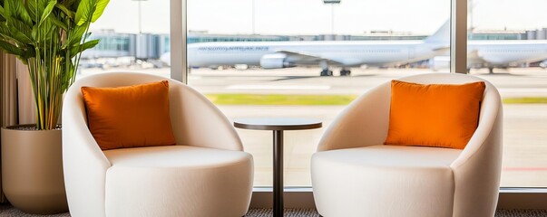 VIP lounge showcasing personalized seating pods near tall windows offering a sunlit view of the busy runway