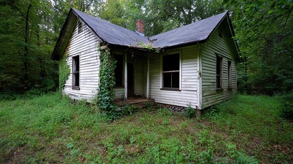 Fototapeta premium Old, decaying wooden house with vines crawling up the walls, left to rot in the forest overgrown house, nature reclaiming