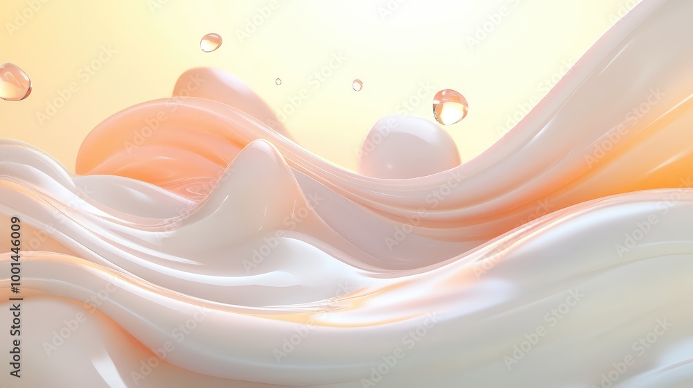 Poster a sophisticated 3d depiction of shampoo cream forming soft waves, illuminated by soft light beams an