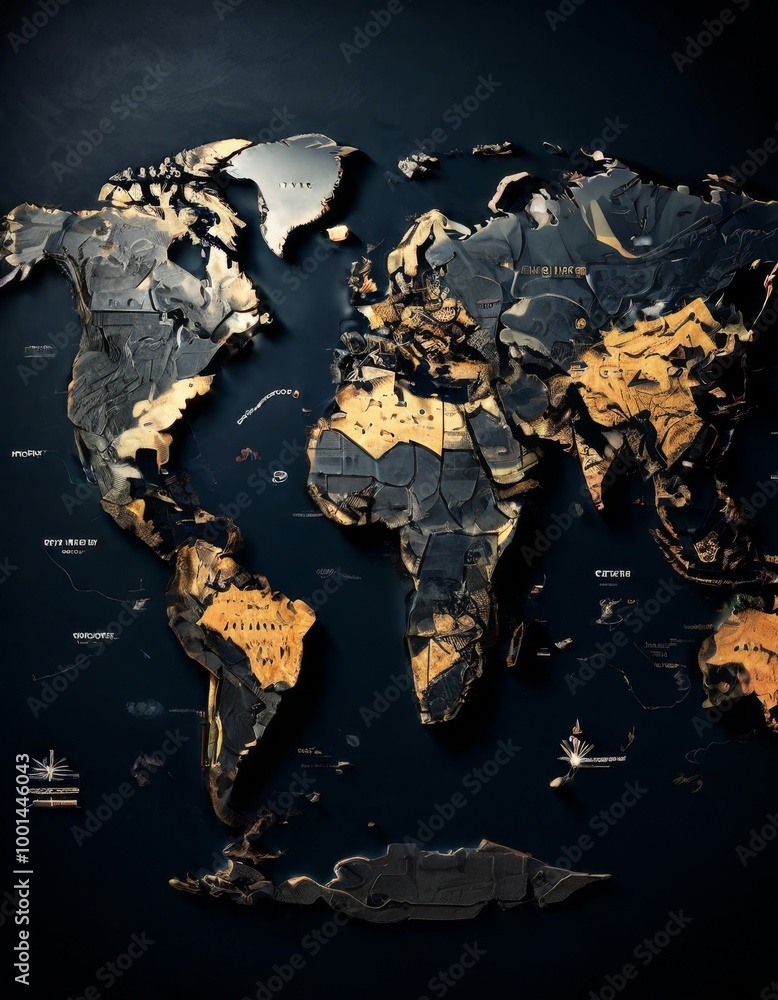 Poster a striking 3d rendering of a world map in metallic textures and gold accents. the abstract design ca