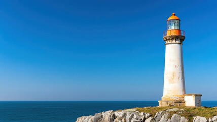 Fototapeta premium Old lighthouse by the sea, its light long extinguished, standing in ruins abandoned lighthouse, maritime desolation
