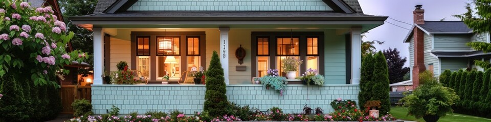 Charming urban craftsman-style house with mint green siding, a cozy front porch, and blooming flower beds.