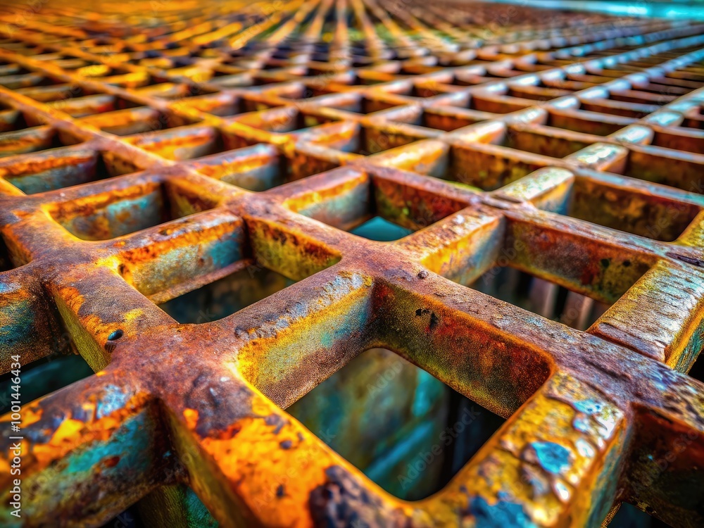 Aufkleber close-up view of industrial metal grating texture with intricate patterns and rusty surfaces