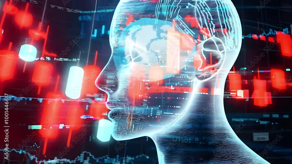 Poster a digital human head silhouette amidst dynamic financial graphs and charts represents technology and