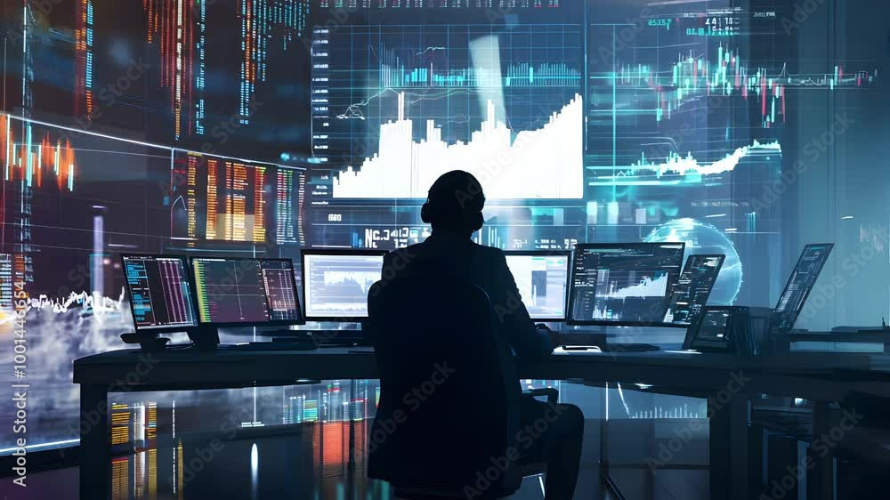 Poster a professional sits in a modern control room surrounded by screens displaying financial data and gra