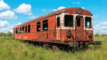 Obraz premium Old train carriage rusting away in a field, left to the elements and overgrown with weeds abandoned train, forgotten transportation