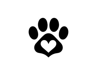 Black love paw print with dog silhouette Dog paw isolated on white love icon vector illustration clip art isolated on white background.