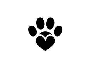 Black love paw print with dog silhouette Dog paw isolated on white love icon vector illustration clip art isolated on white background.