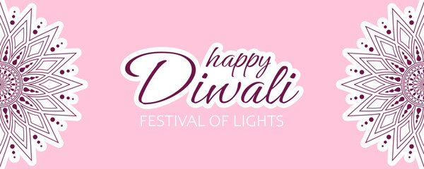 Text Happy Diwali, festival of lights and floral abstract mandala decorations on pastel pink background. Elegant festive banner design for hindu festival Diwali.