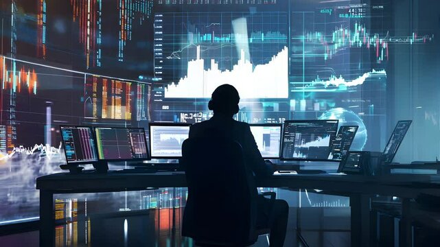 A professional sits in a modern control room surrounded by screens displaying financial data and graphs, focused on market analysis and trading strategies