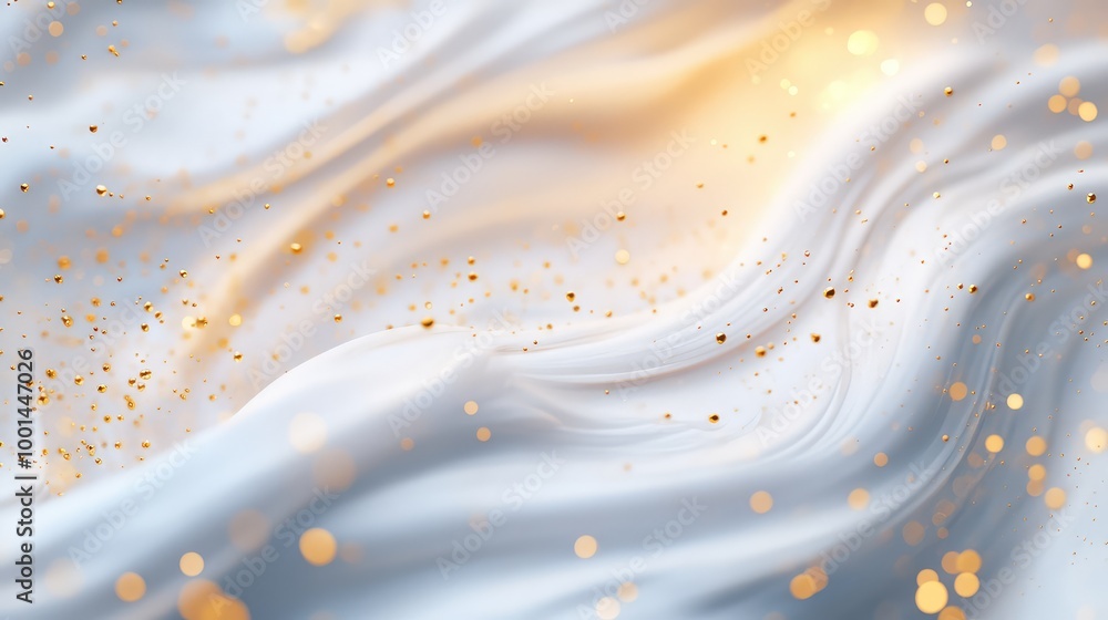 Poster an abstract 3d design of body cream swirling in soft patterns, highlighted by delicate gold and silv