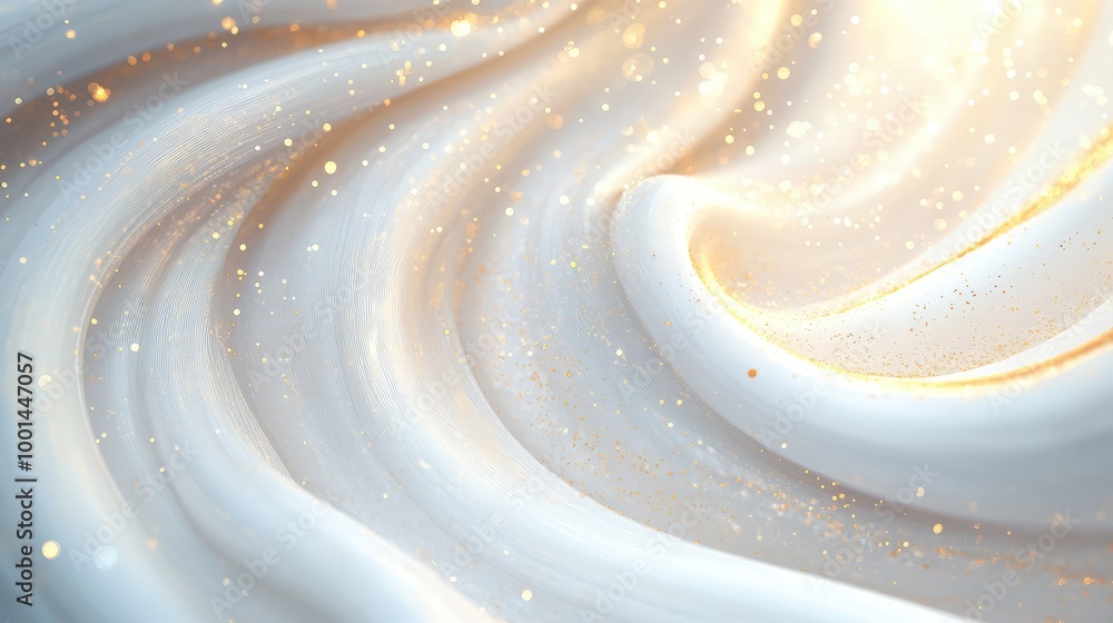 Poster an abstract 3d design of body cream swirling in soft patterns, highlighted by delicate gold and silv