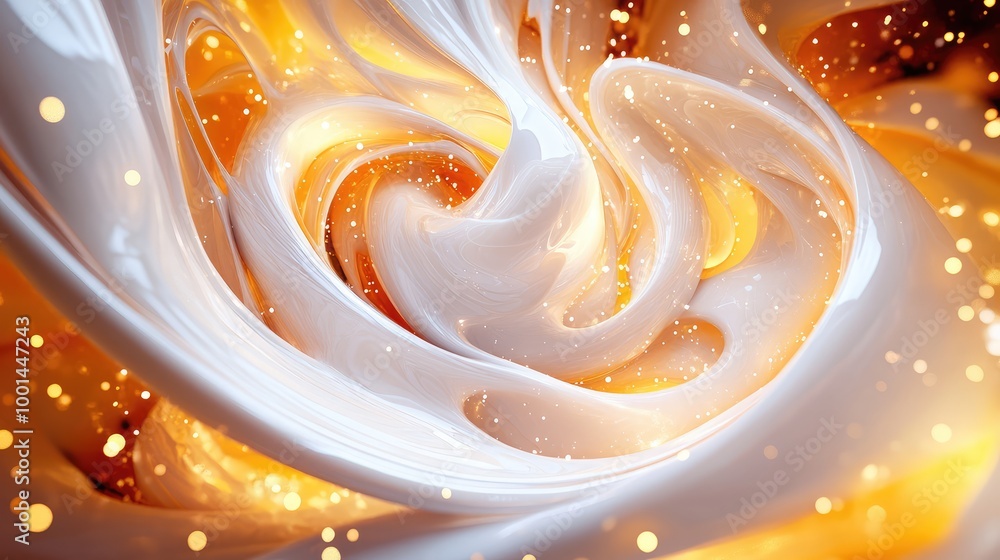 Poster an abstract 3d image of body cream swirling into an intricate design, surrounded by soft glowing lig