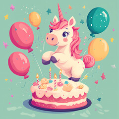 Charming little unicorn celebrates birthday. Festive bright card with cake and balloons