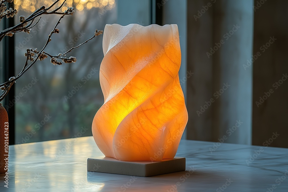 Poster a lamp with a twisted shape is lit up and placed on a table