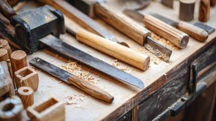 A close-up of woodworking tools in action, showcasing saws, chisels, and planes.