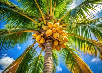 Fototapeta premium Lush Coconut Tree Bearing Fresh Coconuts Against a Clear Blue Sky in Tropical Paradise Setting